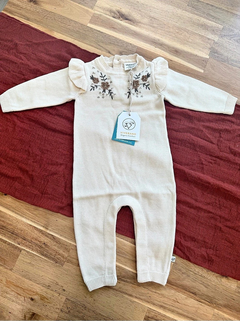 Viverano Florence Floral Embroidered & Pointelle Ruffle Baby Jumpsuit NWT